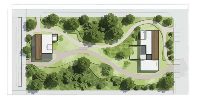 Architectural site plan vector, modern residential landscape design with garden paths and trees, top view master plan for urban housing development