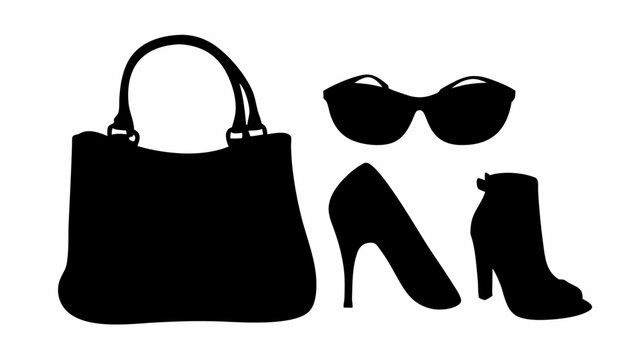 Collection of elegant black vector silhouettes representing luxury fashion accessories including a handbag high heel shoe ankle boot and sunglasses isolated on a clean white