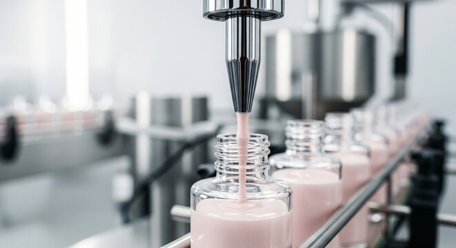 Automated filling of pink liquid into glass bottles on a production line in a sterile facility