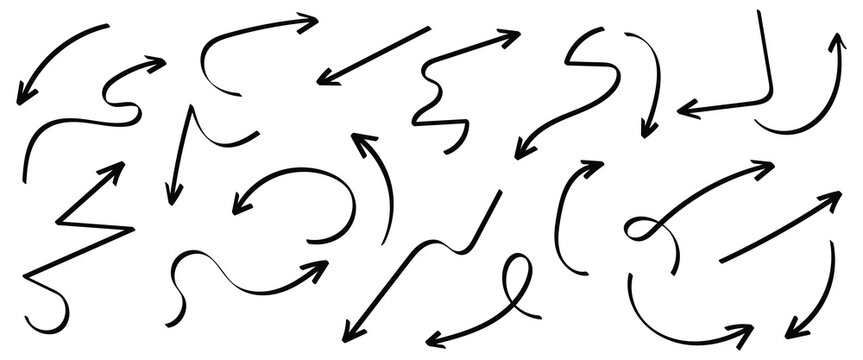  Doodle Arrows line icons set. Curly, straight and twisted shapes. Different arrows collection. Design direction elements. Navigation arrowheads. Hand drawn icons. Isolated on white background. eps10.
