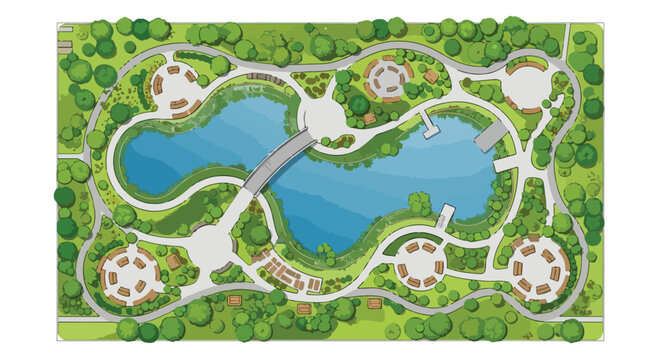 Aerial view park landscape design with blue lake and bridge, green urban garden map vector, public park master plan with walking paths and trees