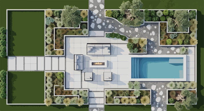 Modern landscape design top view, luxury backyard garden plan with swimming pool and patio furniture, architectural site layout vector illustration