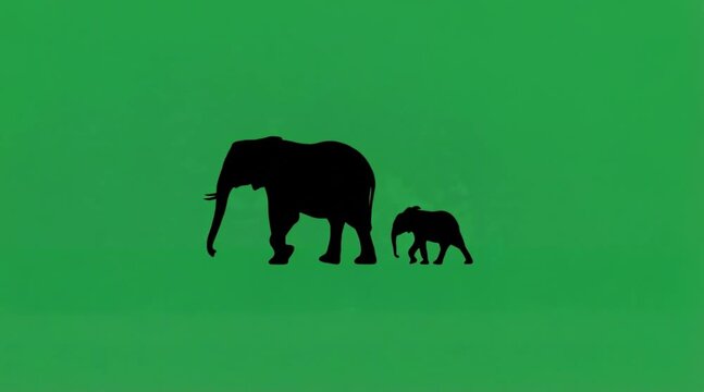 Video Silhouette of elephant with baby are walking on the green screen background