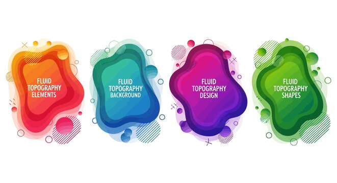 Fluid topography elements and abstract liquid shapes, colorful organic gradient blobs set, vibrant topographic map background vector illustrations