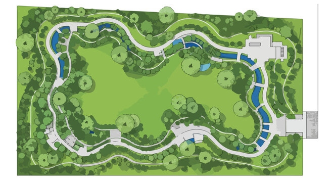 Landscape design master plan vector, top view garden architectural site map, green park layout with trees and water features for urban planning