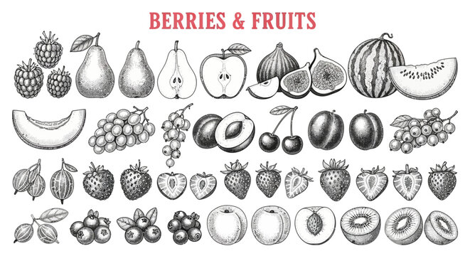 Vintage hand drawn berries and fruits set, engraved botanical sketches of organic food, black and white fruit collection vector illustration