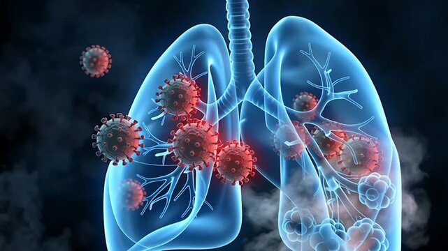 Microscopic View of Hantavirus Infecting Human Lungs Animation