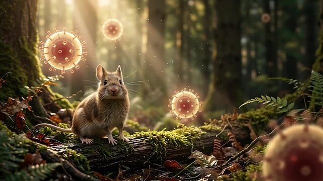 Rodent in Sunlit Forest with Floating Hantavirus Particles