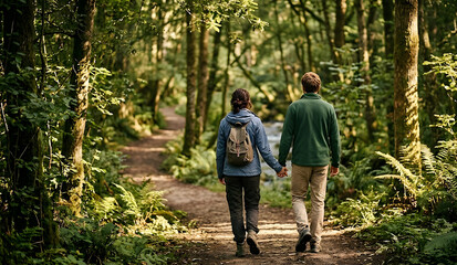 Obraz premium Back View of a Mindful Walk Through a Peaceful Forest Trail