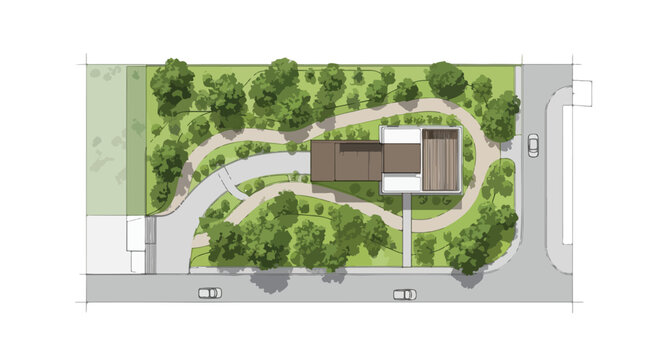 Architectural landscape site plan vector, modern house top view with garden design, residential property master plan with green trees and driveway