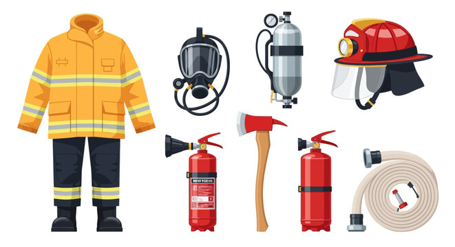 Firefighter equipment set with uniform, helmet, and safety tools
