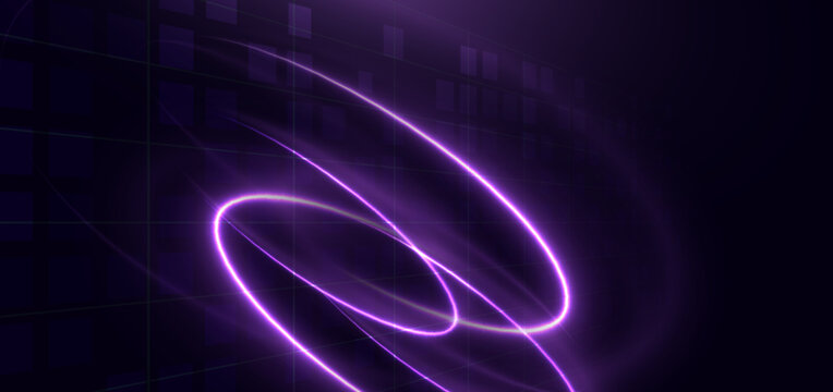 Abstract Neon Purple Light Rings on Dark Grid Background Technology Futuristic Vector.