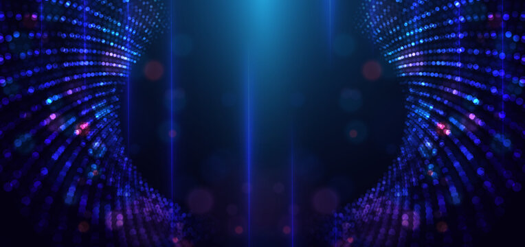 Abstract Blue Particle Tunnel with Glowing Light Dots Technology Background.