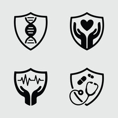 Fototapeta premium Four medical shield icons featuring DNA heart health heartbeat and pills