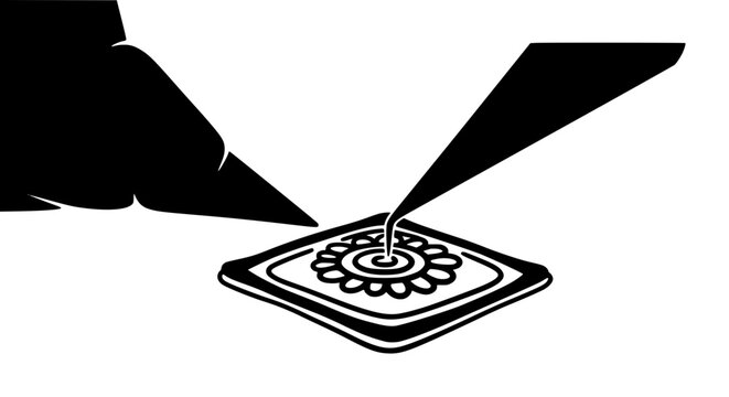 Hands decorating a cookie with floral icing pattern black and white illustration