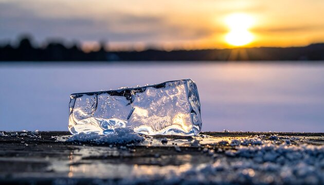 Crystal ice chunk melts at sunset on wooden dock
