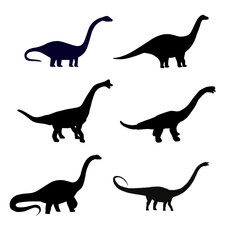 Group of long-necked sauropod dinosaur silhouettes including Brachiosaurus and Diplodocus in various walking poses. © Taiba