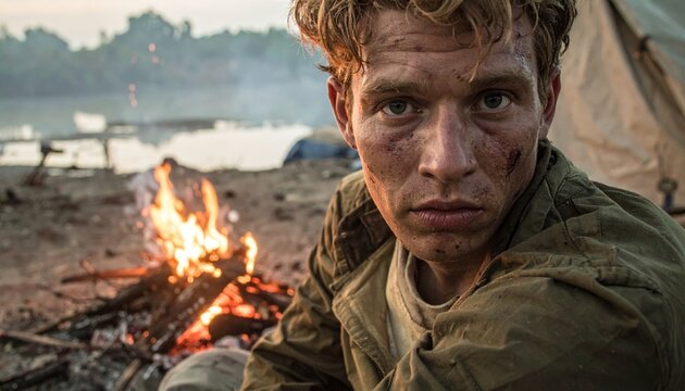 Man illuminated by weak campfire flames in wilderness