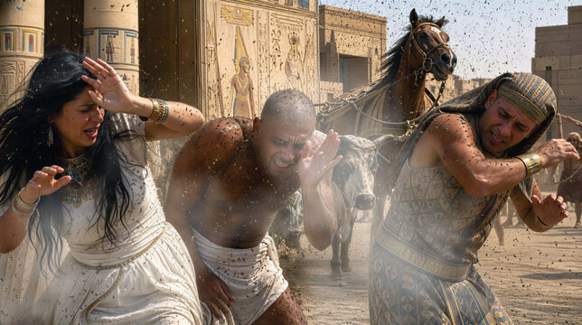 The third plague of Egypt, the plague of gnats and lice. Biblical scene concept.