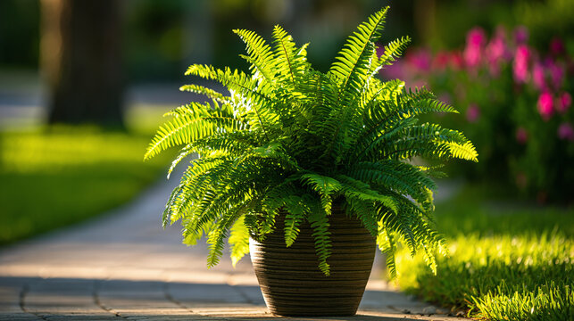 Potted Kimberly Queen fern with bright green foliage grows in garden pathway. Sunlight illuminates lush plant, creating peaceful outdoor ambiance. Natural scene with green grass and blurred flowers