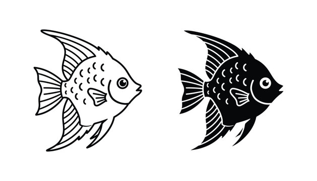 Tropical angelfish vector illustration icons in outline and solid black styles for aquarium and marine life design projects