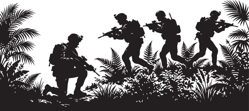 Military soldiers, combat troops, jungle warfare, black silhouette vector icons