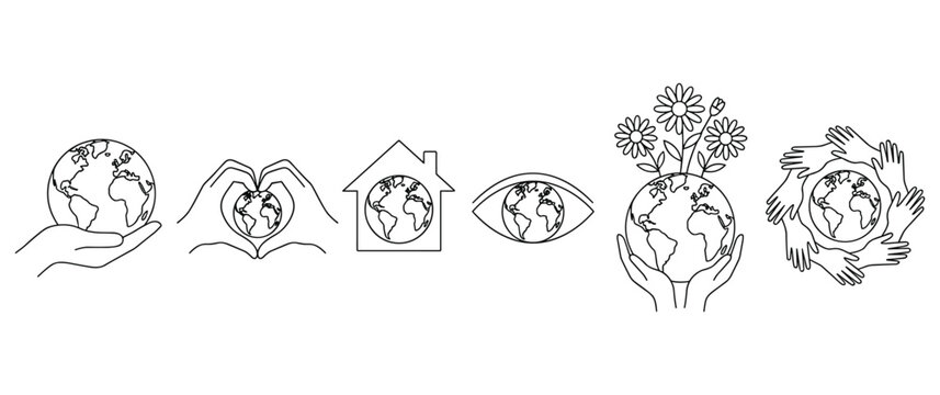 World earth globe held by hands in house eye and flower pot.