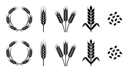 Versatile collection of stylized wheat and grain vector icons, perfect for agriculture, baking, and harvest designs © Dileesha