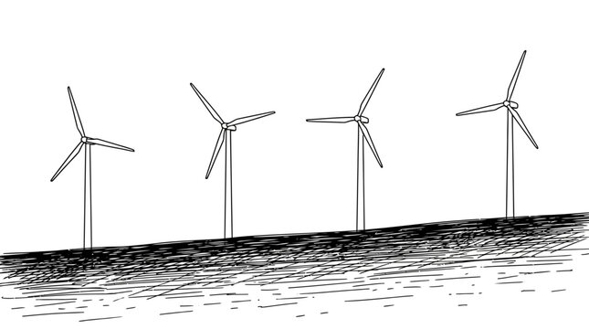 Monochrome illustration of wind turbines on a sloping terrain, symbolizing clean and renewable energy generation for a sustainable future