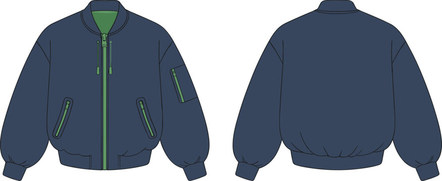 Oversized Bomber Jacket Technical Flat Sketch Front and Back View Streetwear Vector Template Design