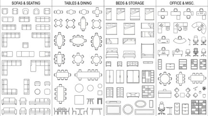 Fototapeta premium Vector graphic set of essential home and office furniture elements for architectural top view drafting and design layouts