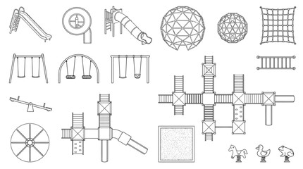 Set of playground equipment and structures in a top-down view © Dileesha