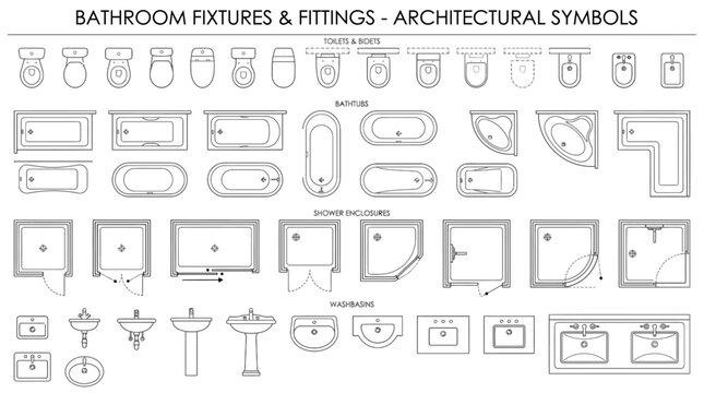 Standardized architectural symbols for various bathroom fixtures and fittings in technical drawings