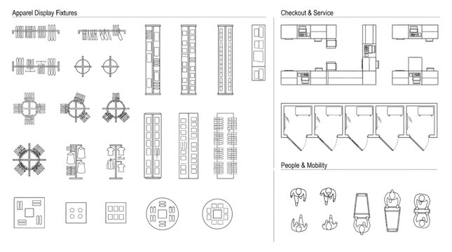 Comprehensive collection of detailed retail store layout icons for architectural planning and commercial interior design schematics