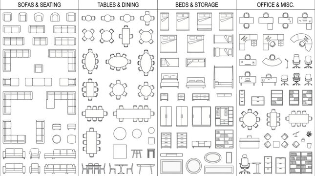 Vector graphic set of essential home and office furniture elements for architectural top view drafting and design layouts