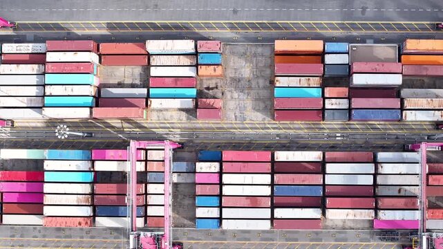 In a lively cargo port, colorful shipping containers are organized in neat rows, showcasing the dynamic world of maritime logistics.