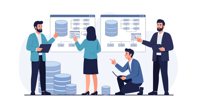 Teamwork and data management: People planning database architecture on screens
