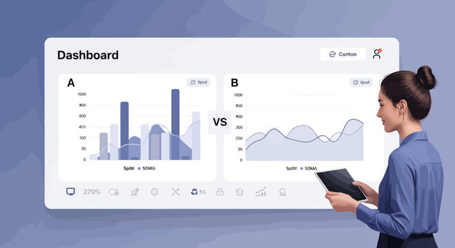 Businesswoman analyzes dashboard charts, comparing A/B test results on a tablet