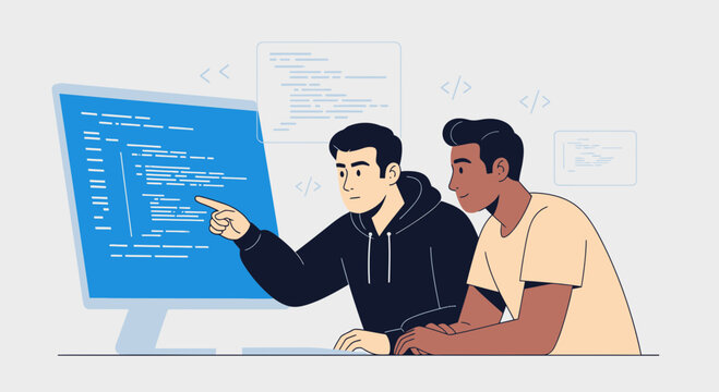 Two programmers collaborating on code on a computer, digital art