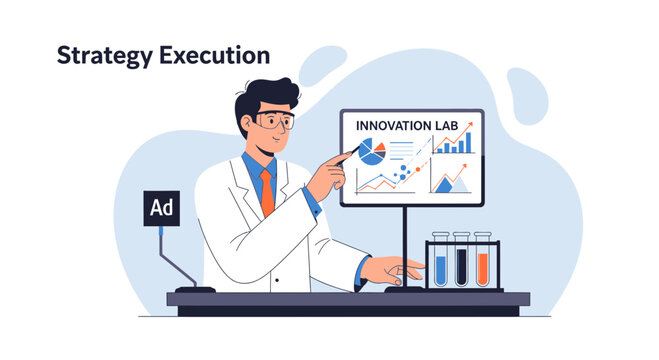 Scientist analyzing data charts in innovation lab, strategy execution concept
