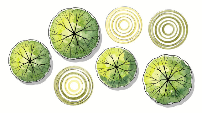 Watercolor top view trees and circular patterns for landscape design and architectural planning projects