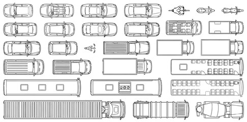 Overhead vector outline illustrations of diverse land transportation vehicles for urban planning and mapping design © Dileesha
