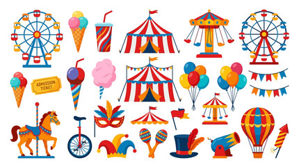Vibrant collection of classic funfair attractions and festive entertainment elements, perfect for celebrating joy and amusement © Dileesha