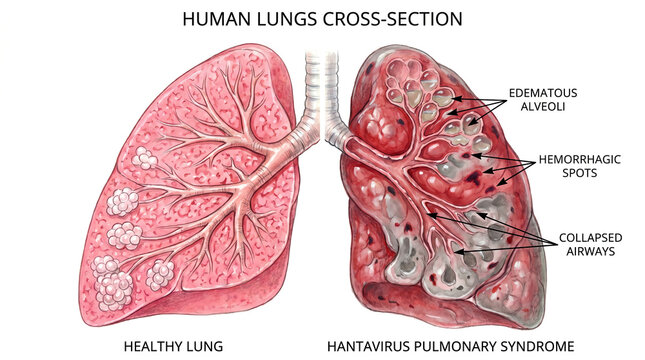 Hantavirus Pulmonary Syndrome Human Lung Cross Section Comparison Active Versus Infected Medical Illustration