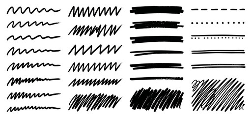 Naklejka premium Diverse collection of hand-drawn black lines, scribble textures, zigzag patterns, and dashed strokes for creative graphic design