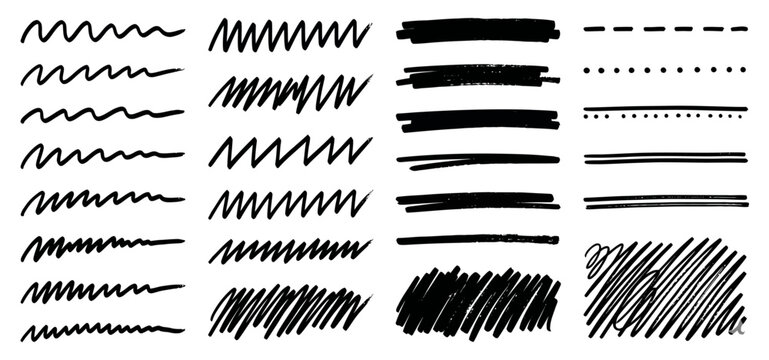 Diverse collection of hand-drawn black lines, scribble textures, zigzag patterns, and dashed strokes for creative graphic design