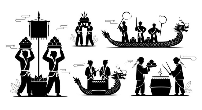 Vector illustration of traditional Chinese dragon boat festival celebration with cultural elements and activities