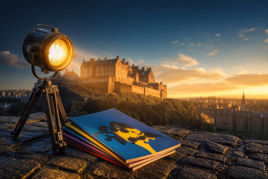 Edinburgh Festival Fringe vintage theatre spotlight on cobblestones illuminating colourful Fringe programmes with Edinburgh Castle at golden hour celebrating arts festival performers August