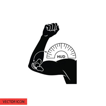 Human arm silhouette bent at the elbow with a circular protractor-style HUD overlay measuring joint rotation and flexibility, stark black and white flat design, minimalist flat vector artwork,