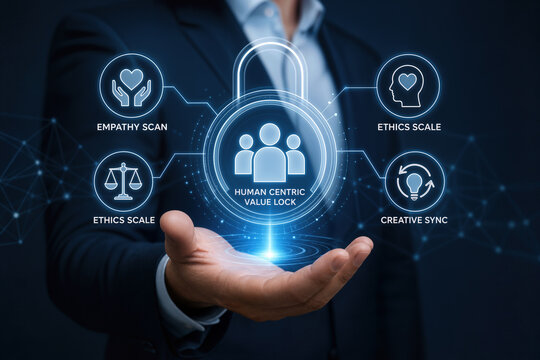 Human centric value lock with empathy scan ethics scale and creative sync hologram presented by businessman hand digital security trust and ethical design concept for UX and corporate responsibility